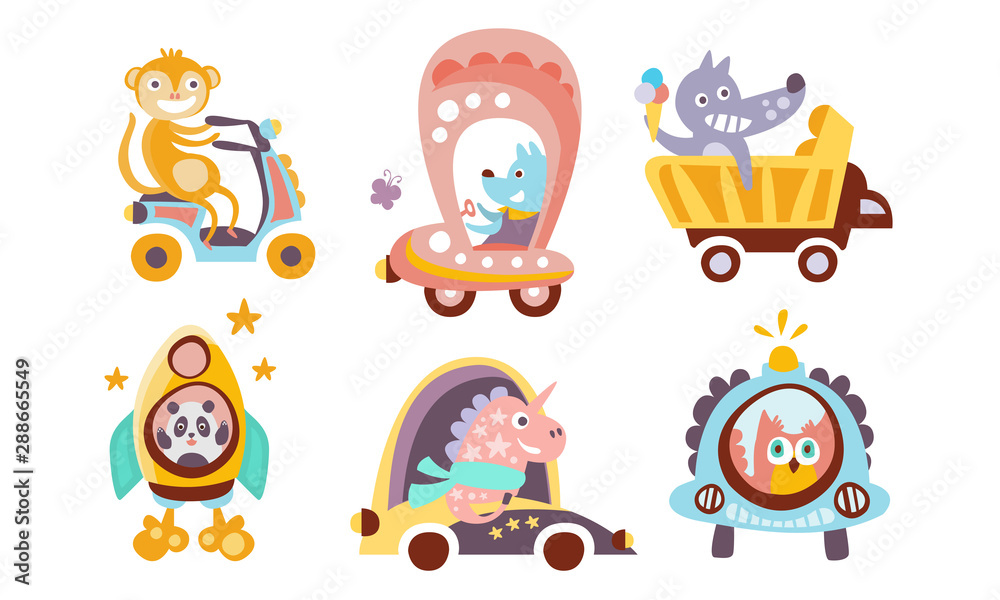 Collection of Toy Transport with Cute Animals, Funny Monkey, Wolf, Dog, Panda, Unicorn, Owl in Various Types of Transport Vector Illustration