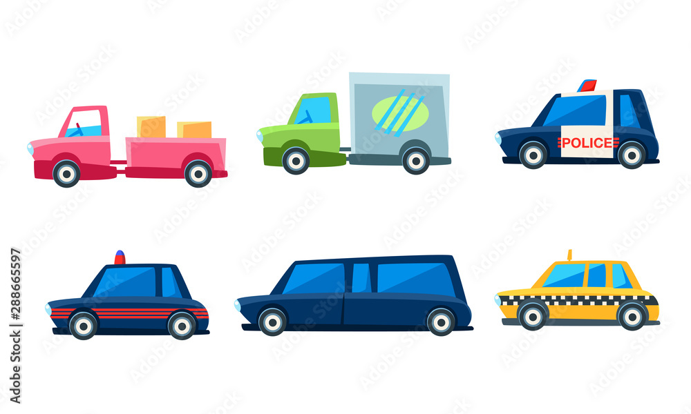 Naklejka premium Cute City Transport Set, Colorful Childish Vehicles Vector Illustration