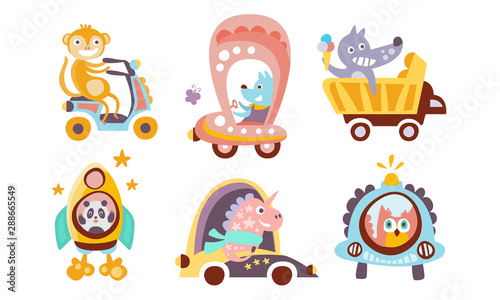 Collection of Toy Transport with Cute Animals  Funny Monkey  Wolf  Dog  Panda  Unicorn  Owl in Various Types of Transport Vector Illustration
