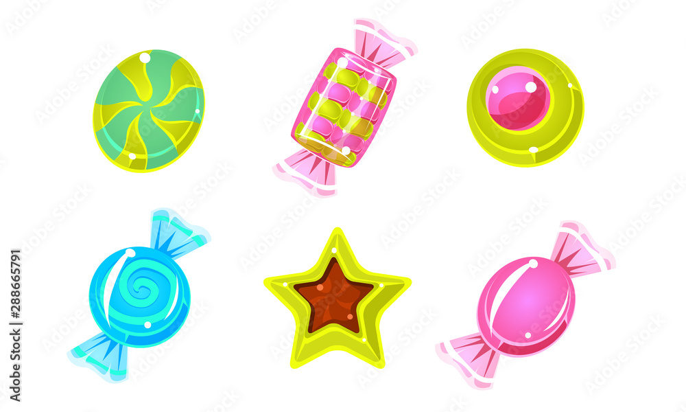 Collection of Glossy Candies, Colorful Sweets Vector Illustration