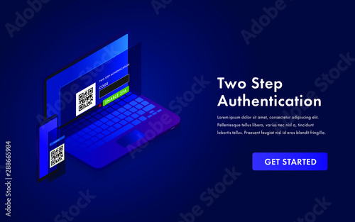 2-step authentication, two steps 2FA Verification SMS code password vector isometric concept. Secure and reliable access to the network. Smartphone and laptop with login form illustration.