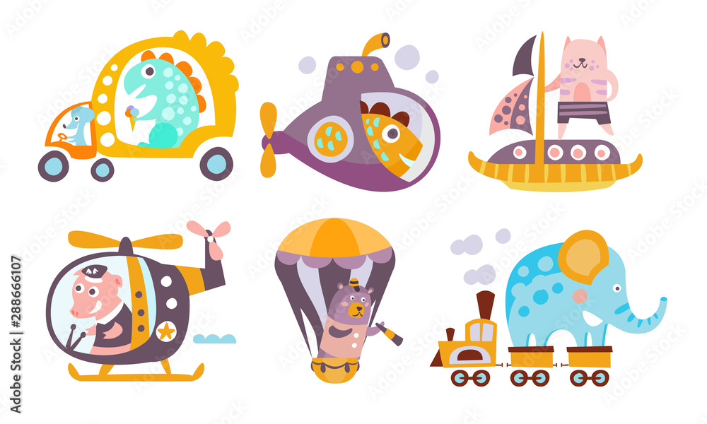 Collection of Toy Transport with Cute Animals, Funny Dinosaur, Fish, Cat, Pig, Bear, Elephant Driving Various Types of Transport Vector Illustration