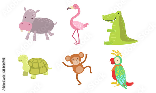Fototapeta Naklejka Na Ścianę i Meble -  Cute African Animals Set, Turtle, Monkey, Parrot, Hippo, Flamingo, Crocodile Vector Illustration