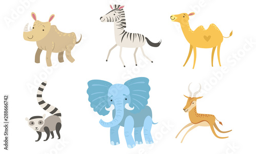 Fototapeta Naklejka Na Ścianę i Meble -  Cute African Animals Set, Rhino, Zebra, Camel, Raccoon, Elephant, Antelope Vector Illustration