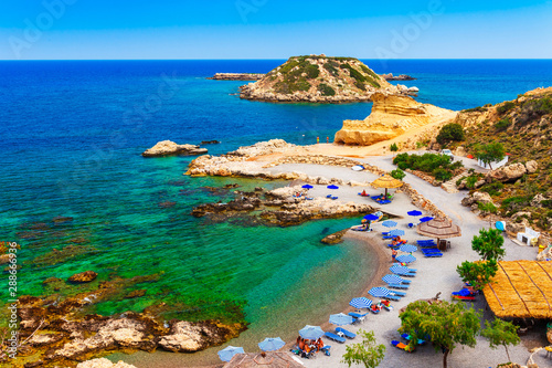 Sea skyview landscape photo of picturesque beach near Stegna and Archangelos on Rhodes island, Dodecanese, Greece. Panorama with sand and clear blue water. Famous tourist destination in South Europe