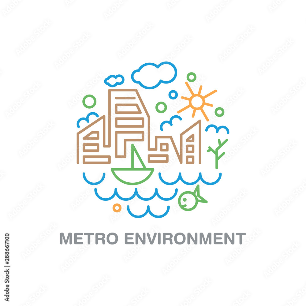 Subway cityscape. Monorail metro design in megapolis futuristic panorama. Environmental city sea, boat or ship, sky, tree, sun, etc. vector line concept illustration