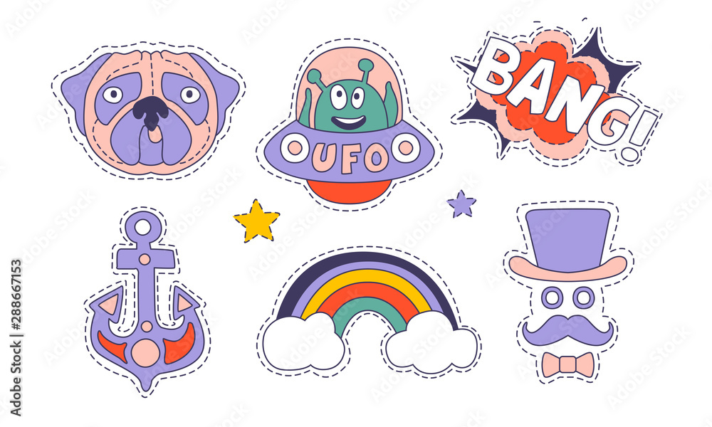 Cute Trendy Patches Set, Colorful Stickers Appliques Vector Illustration