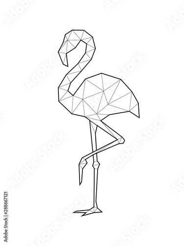 Beautiful flamingo illustration in geometric or polygonal with black lines. Minimal summer poster. Vector illustration.