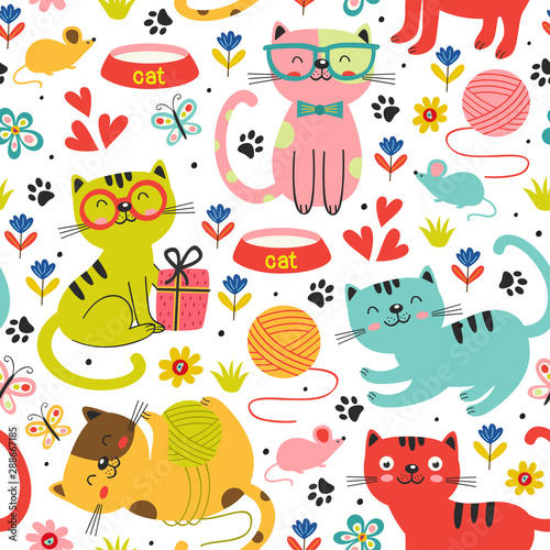seamless pattern with colorful cats in flowers - vector illustration, eps    