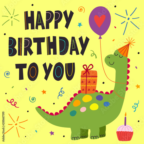 birthday card with cute dinosaur - vector illustration  eps    