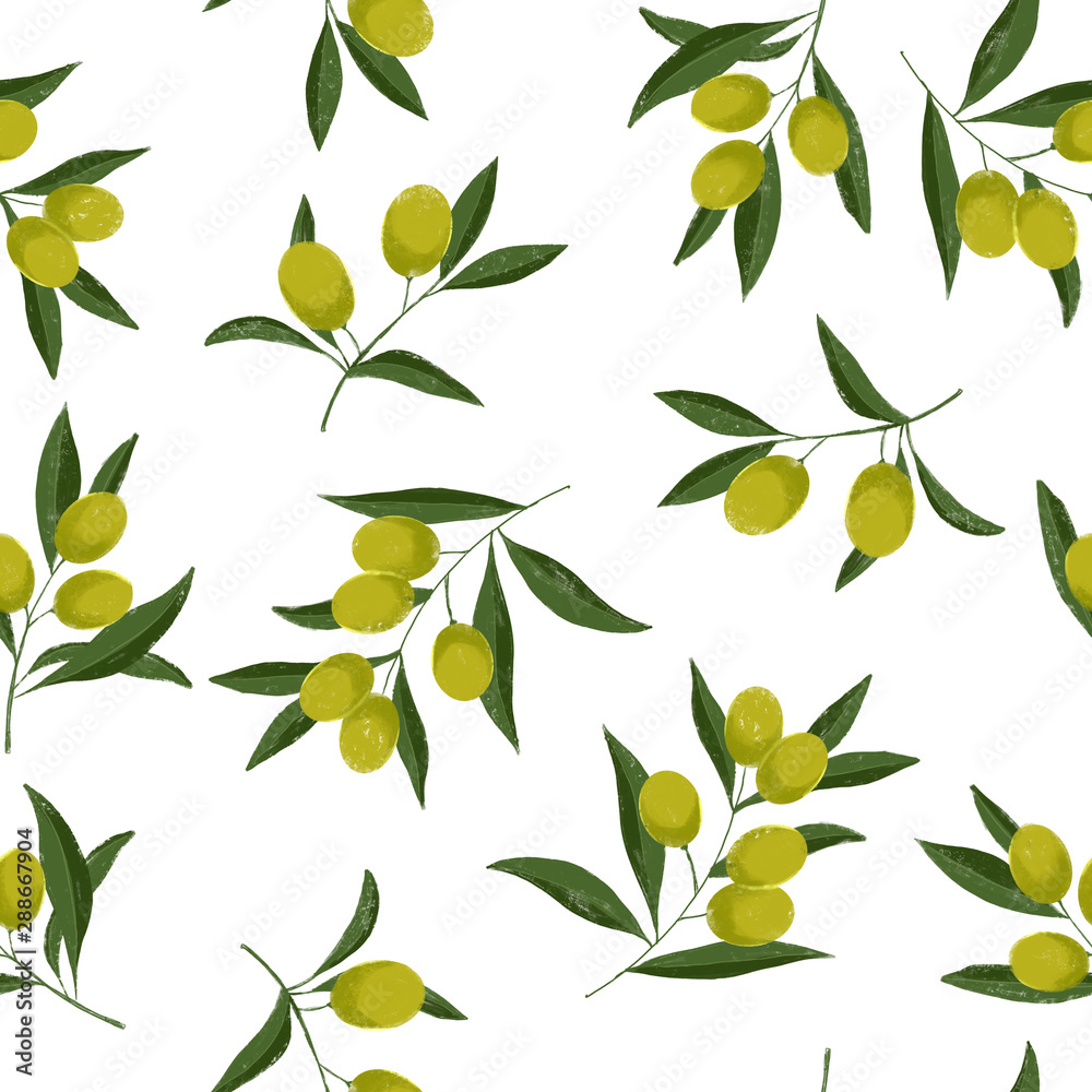 Seamless pattern with ripe green olives on white background. Design for olive oil, natural cosmetics. Best for wrapping paper.