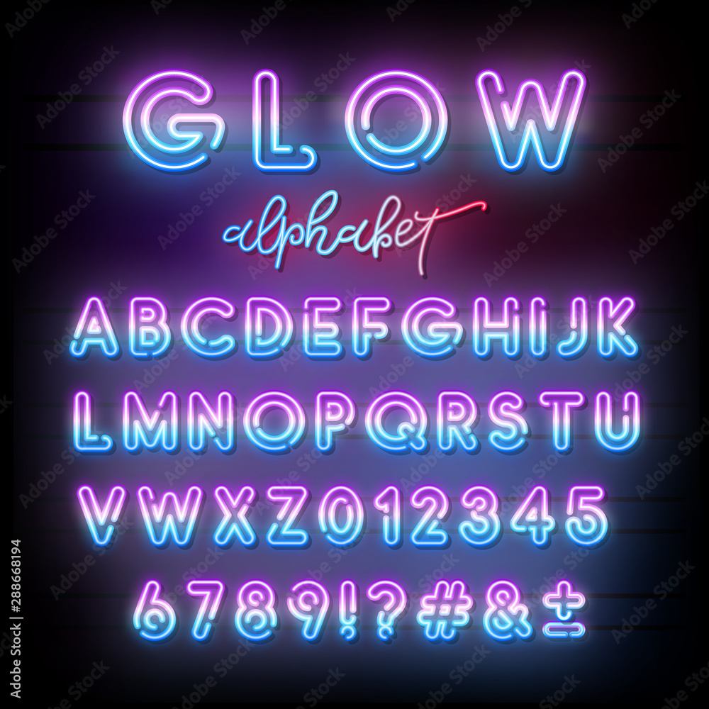 Neon light alphabet. Multicolor glowing typeface. Bright letters on dark wall. Vector illustration. - obrazy, fototapety, plakaty 