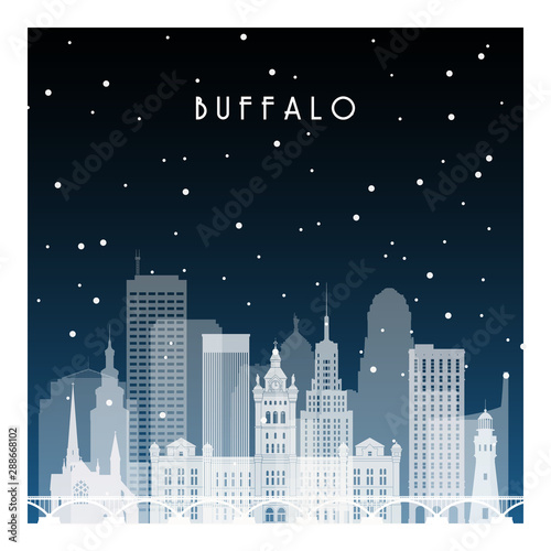 Winter night in Buffalo. Night city in flat style for banner, poster, illustration, background.