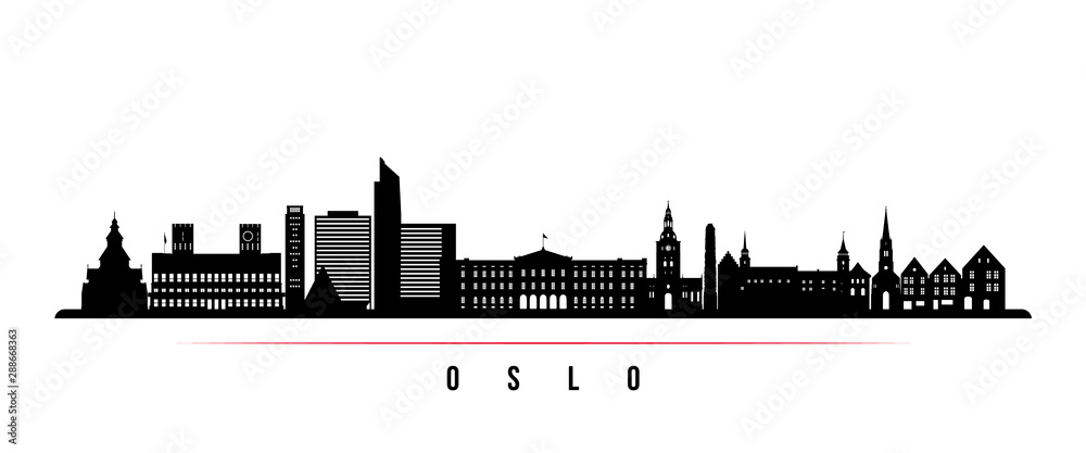 Oslo City skyline horizontal banner. Black and white silhouette of Oslo City, Norway. Vector template for your design.