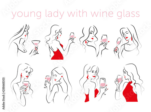 Vector set of hand drawn young beautiful lady portraits holding wine glass isolated on white background. Hand drawn sketch minimal style. Concept for ladies night party, bar, happy cocktail hour.