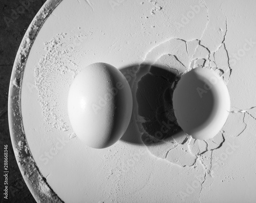 An egg lying on white plaster or starch. Cracks and surface texture. The texture of white gypsum with a microrelief of different shapes. White or light gray kitchen background. photo