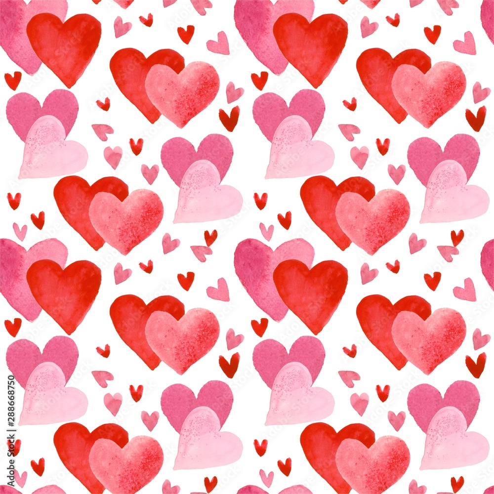 Pattern of watercolor hearts for Valentine's Day. Painted watercolor favorite heart.