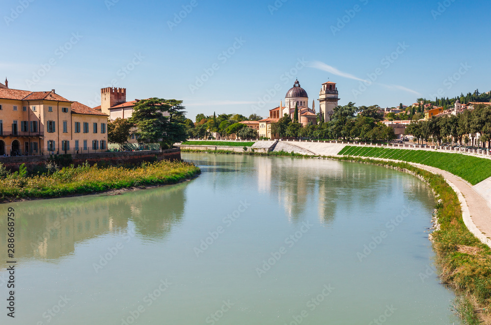 Panoramic cityscape aerial view on Verona historical center, bridge and Adige river. Famous travel destination in Italy. Old town where lived Romeo and Juliet from Shakespeare story