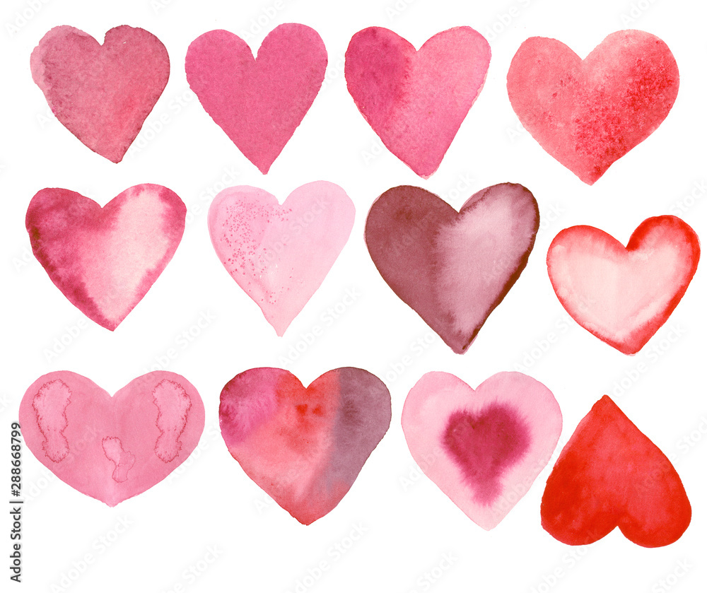 Set of watercolor hearts with various watercolor effects. Ideal for prints and cards