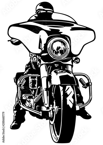 Biker Front View - Black and White Outline Illustration with Rider on Motorcycle, Vector