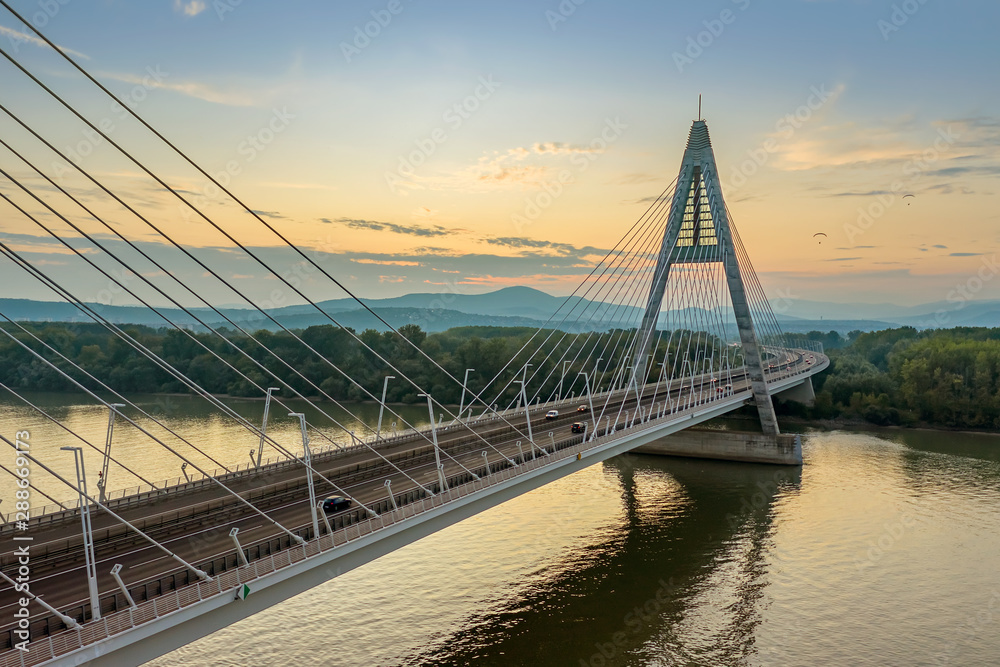 Fototapeta premium Megyeri bridge Budapest in sunset. 