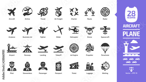 Aircraft icon set with flight plane glyph symbols: airplane, business jet, airport, fly aeroplane, commercial aviation, travel air, military fighter, airline, cargo aero transport landing and takeoff.