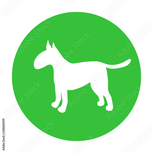 Dog friendly sign. White silhouette of dog on green circle. Vector. Breed bullterrier.