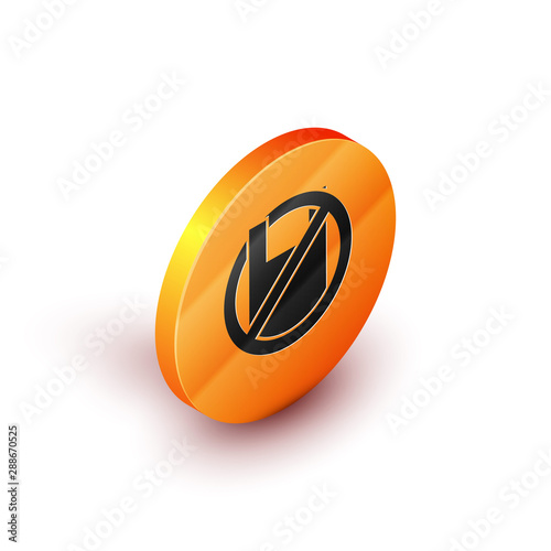 Isometric Say no to plastic bags poster icon isolated on white background. Disposable cellophane and polythene package prohibition sign. Orange circle button. Vector Illustration