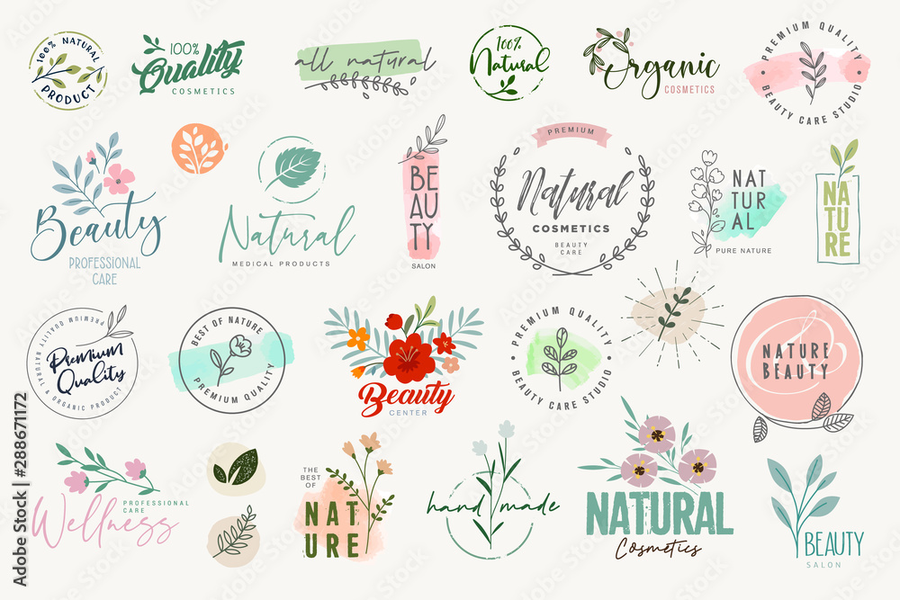 Set of badges and elements for beauty, natural and organic products, cosmetics, spa and wellness. Vector illustrations for graphic and web design, marketing material, product promotions, packaging des