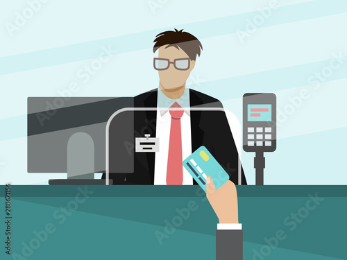 Bank cashier teller behind window vector illustration. Businessman hand with bank card for payment in front of glass.