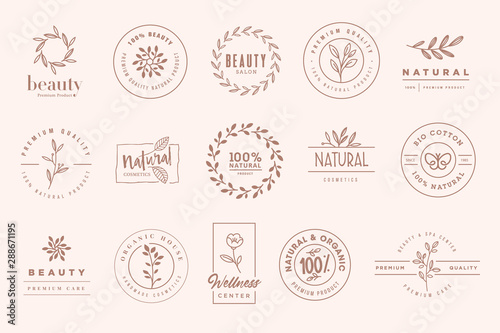 Set of elegant badges and stickers for beauty, natural and organic products, cosmetics, spa and wellness. Vector illustrations for graphic and web design, marketing material, product promotions, packa