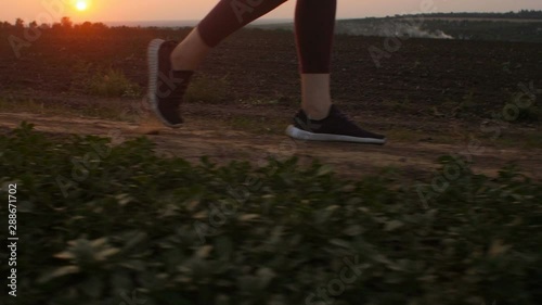 silhouette of young woman legs running on the ground in a field and raising dust, girl in sneakers jogging along a path atsunset, concept of body care and healthy lifestyle photo