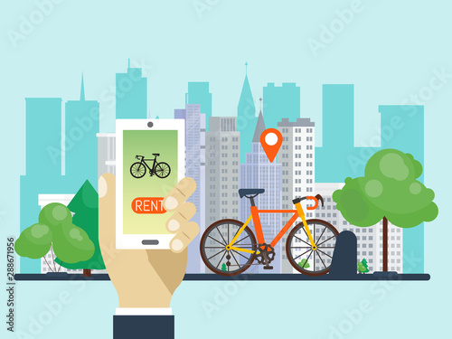 Urban bike renting system by using the phone app vector illustration. Smart service for rent bikes in the city.