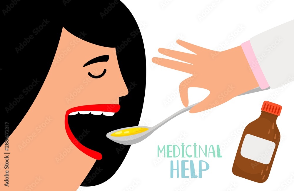 Woman swallow cough syrup. Female head and face and doctors hand with syrup. Medicinal help vector illustration Woman swallow cough syrup. Female head and face and doctors hand with syrup. Medicinal help vector illustration
