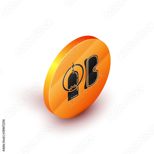 Isometric Diving mask and aqualung icon isolated on white background. Oxygen tank for diver. Extreme sport. Sport equipment. Orange circle button. Vector Illustration