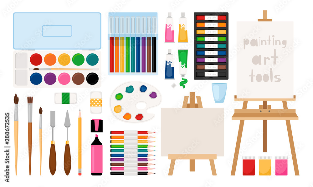 Artistic Tools and Art Supplies with Easel, Vectors