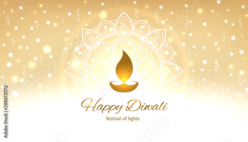 Happy diwali vector illustration. Design template with light festive golden background with mandala. Festive diwali card. Vector holiday illustration. Confetti and bokeh golden background