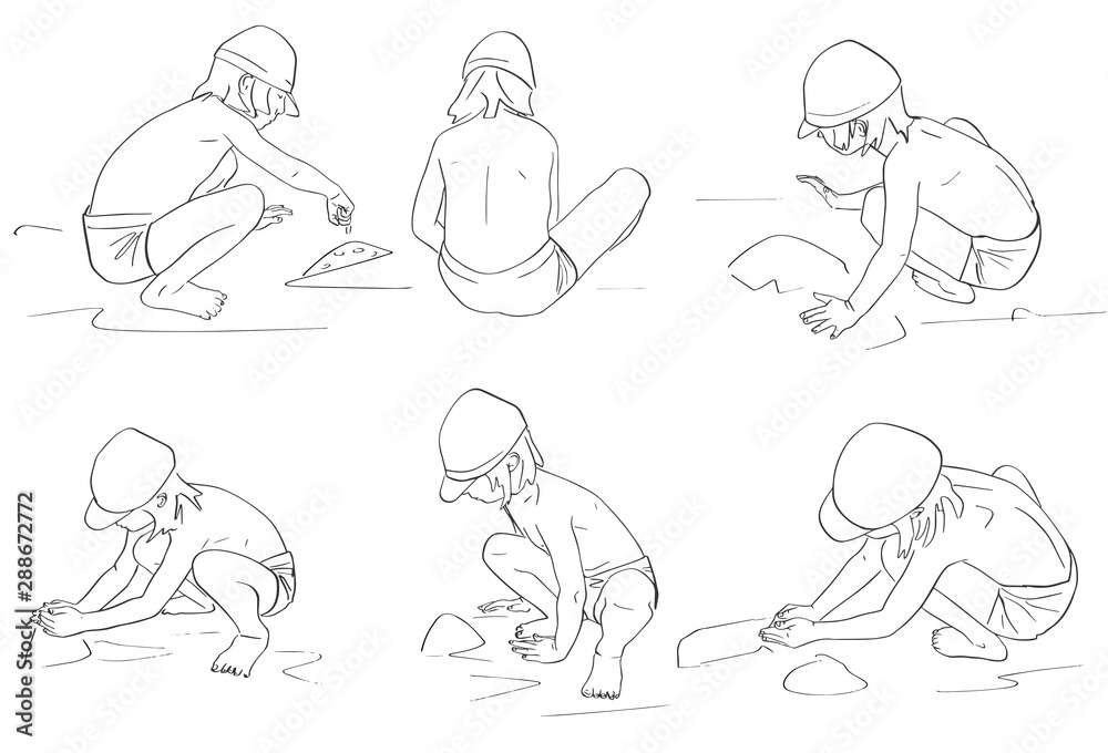 Set of children play with sand. Silhouettes of kids in shorts and baseball caps in different poses. Black isolated contour. Hand drawn style. Vector outline. Graphic element.