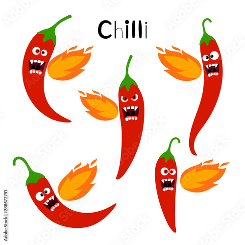 Spicy chilli fire. Hot chili red pepper belching flame vector illustration, cartoon different chillie vegetables characters isolated on white background