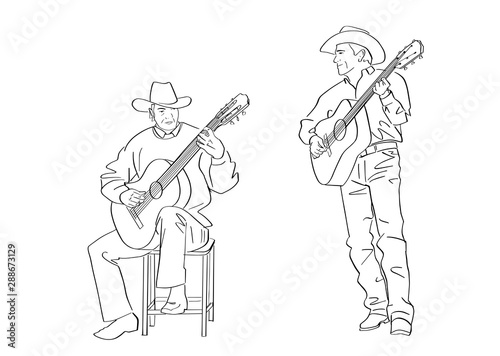 Two country musicians play guitar. Male silhouette in cowboy hat and in jeans. Black isolated contour. Hand drawn style. Vector outline. Graphic element.