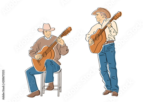 Two country musicians play guitar. Male guitarist in cowboy hat and in jeans. Black isolated contour and colors. Hand drawn style. Vector element. Colorful flat illustration.