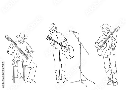 Group of country musicians play guitar. Male and female silhouettes in cowboy hats and in jeans. Black isolated contour. Hand drawn style. Vector outline. Graphic element.