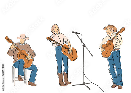 Group of country musicians play guitar. Male and female guitar players in cowboy hats and in jeans. Black isolated contour and colors. Hand drawn style. Vector element. Colorful flat illustration.