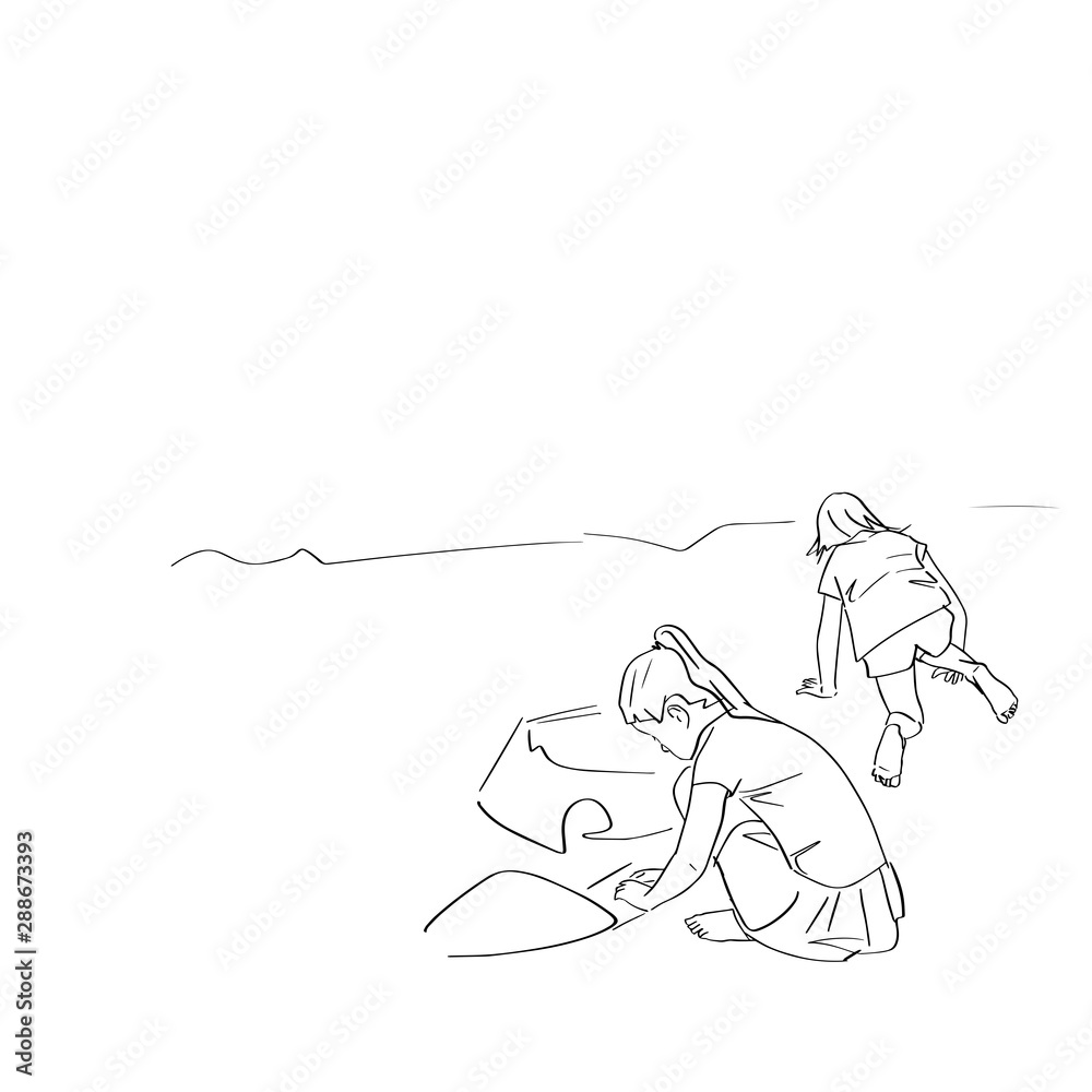 Two kids play with sand on the playground. Black isolated contour. Hand drawn style. Vector outline. Graphic element.