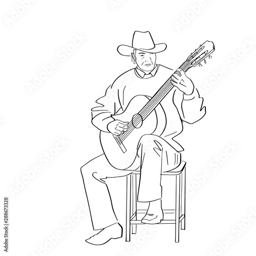 Country musician plays guitar. Male silhouette in cowboy hat sitting on chair. Black isolated contour. Hand drawn style. Vector outline. Graphic element.