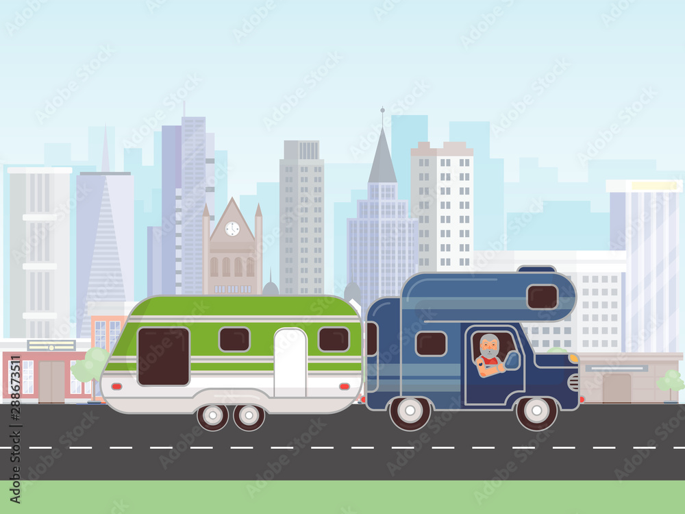 Camping trailer vector illustration. Car with caravan for camping in summer journey. Car camp trailer. RV with driver on the road in the city