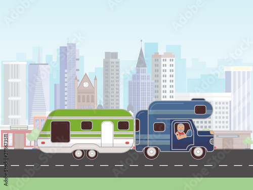 Camping trailer vector illustration. Car with caravan for camping in summer journey. Car camp trailer. RV with driver on the road in the city