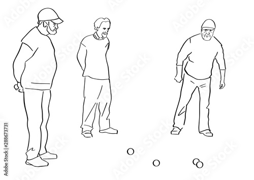 Old men play petanque. Black isolated contour. Hand drawn style. Vector outline. Graphic element.