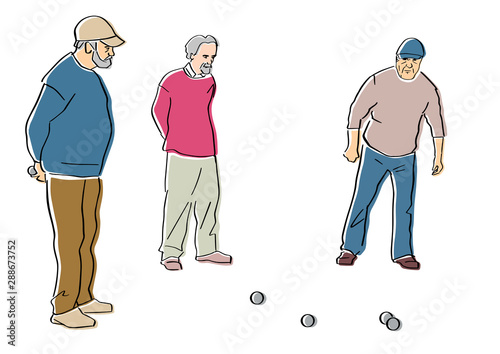 Old men play petanque. Black isolated contour and colors. Hand drawn style. Vector element. Colorful fun flat illustration.