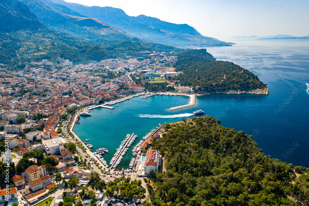 An aerial view of Makarska, a beautiful city located in Croatia
